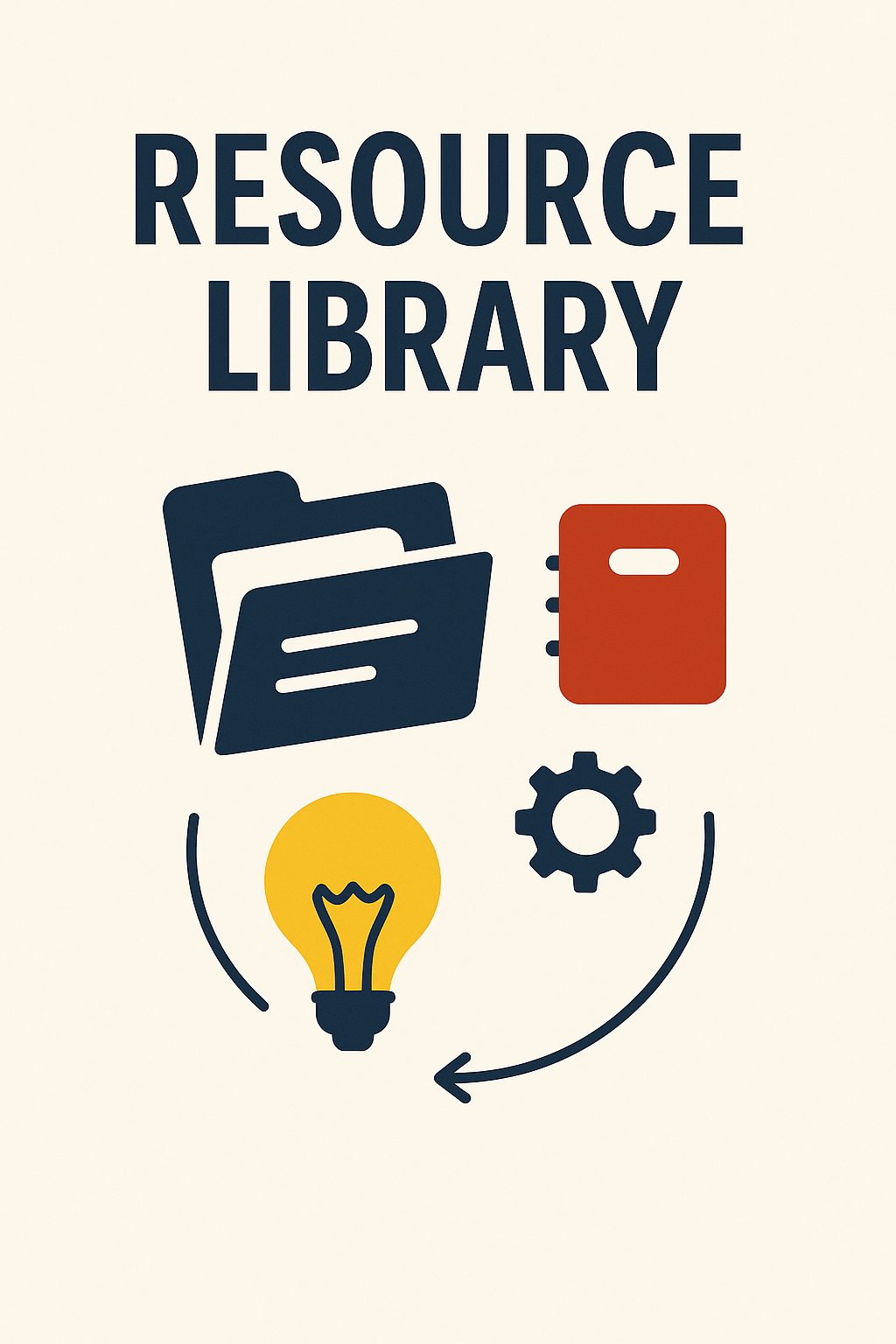 Flat-style illustration showing an open folder with icons representing documents, tools, and ideas, symbolizing a digital resource library for insurance agents.