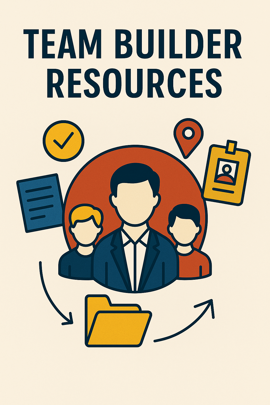 Flat-style illustration of a team leader with group members, surrounded by icons for documents, ID badge, checkmark, and folder, representing insurance agent recruitment and onboarding support.